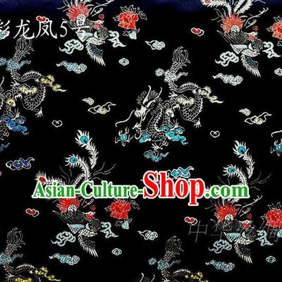 Asian Chinese Traditional Embroidery Dragon and Phoenix Bringing Prosperity Black Satin Silk Fabric, Top Grade Tibetan Brocade Tang Suit Hanfu Fabric Cheongsam Cloth Material