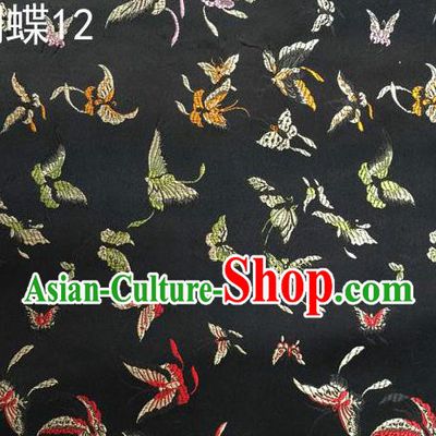Asian Chinese Traditional Embroidery Butterflies Black Satin Silk Fabric, Top Grade Brocade Tang Suit Hanfu Fabric Cheongsam Cloth Material