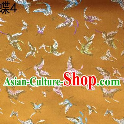 Asian Chinese Traditional Embroidery Colorful Butterflies Yellow Satin Silk Fabric, Top Grade Brocade Tang Suit Hanfu Fabric Cheongsam Cloth Material