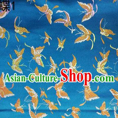 Asian Chinese Traditional Embroidery Colorful Butterflies Blue Satin Silk Fabric, Top Grade Brocade Tang Suit Hanfu Fabric Cheongsam Cloth Material
