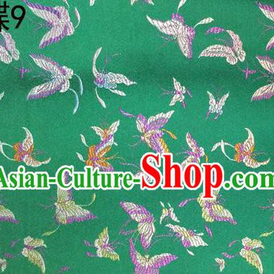 Asian Chinese Traditional Embroidery Colorful Butterflies Green Satin Silk Fabric, Top Grade Brocade Tang Suit Hanfu Fabric Cheongsam Cloth Material