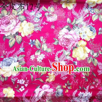 Asian Chinese Traditional Embroidery Peony Rosy Satin Silk Fabric, Top Grade Brocade Tang Suit Hanfu Fabric Cheongsam Cloth Material
