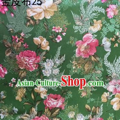 Asian Chinese Traditional Embroidery Peony Deep Green Satin Silk Fabric, Top Grade Brocade Tang Suit Hanfu Fabric Cheongsam Cloth Material
