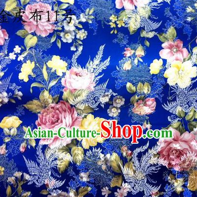 Asian Chinese Traditional Embroidery Peony Royalblue Satin Silk Fabric, Top Grade Brocade Tang Suit Hanfu Fabric Cheongsam Cloth Material