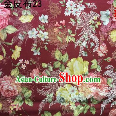 Asian Chinese Traditional Embroidery Peony Dark Red Satin Silk Fabric, Top Grade Brocade Tang Suit Hanfu Fabric Cheongsam Cloth Material