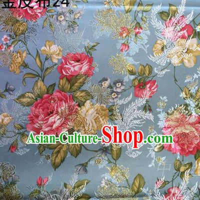 Asian Chinese Traditional Embroidery Peony Grey Blue Satin Silk Fabric, Top Grade Brocade Tang Suit Hanfu Fabric Cheongsam Cloth Material