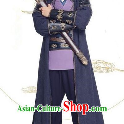 Asian Chinese Northern and Southern Dynasty Swordsman Costume and Headpiece Complete Set, China Ancient Elegant Hanfu Kawaler Robes Clothing
