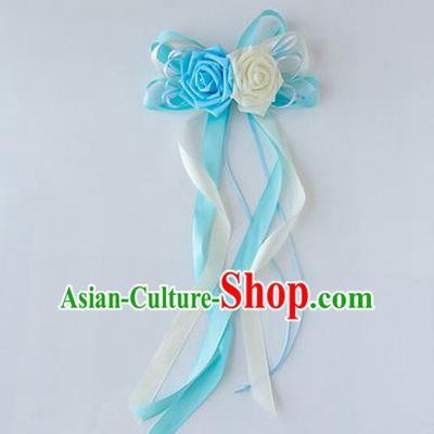 Top Grade Wedding Accessories Decoration, China Style Wedding Limousine Satin Bowknot Blue Flowers Bride Long Ribbon Garlands