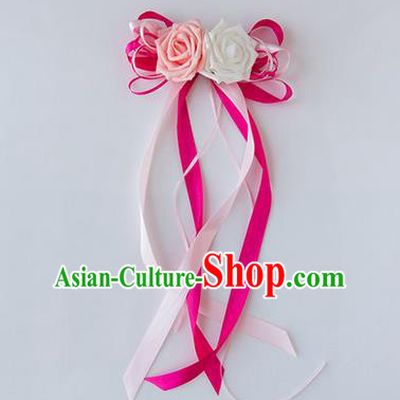 Top Grade Wedding Accessories Decoration, China Style Wedding Limousine Satin Bowknot Rosy Flowers Bride Long Ribbon Garlands