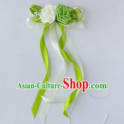 Top Grade Wedding Accessories Decoration, China Style Wedding Limousine Satin Bowknot Green Flowers Bride Long Ribbon Garlands