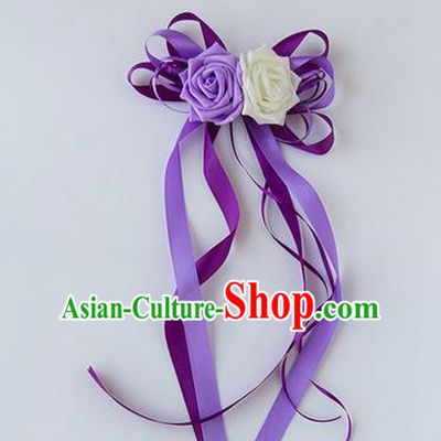 Top Grade Wedding Accessories Decoration, China Style Wedding Limousine Satin Bowknot Purple Flowers Bride Long Ribbon Garlands