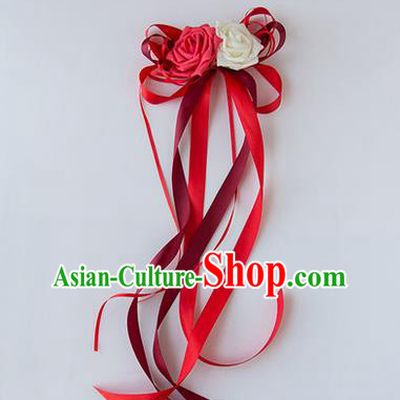 Top Grade Wedding Accessories Decoration, China Style Wedding Limousine Satin Bowknot Red Flowers Bride Long Ribbon Garlands