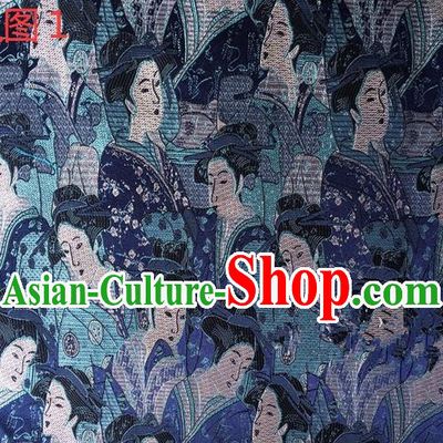 Asian Chinese Traditional Handmade Printing Portrait of a Lady Silk Fabric, Top Grade Nanjing Brocade Tang Suit Hanfu Blue Fabric Cheongsam Cloth Material