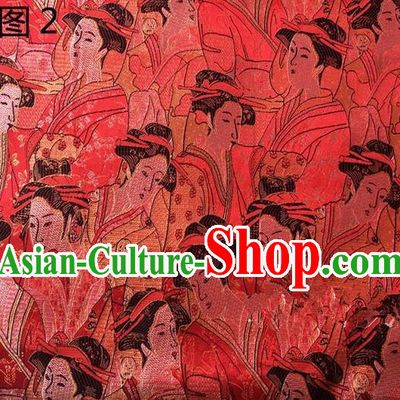 Asian Chinese Traditional Handmade Printing Portrait of a Lady Silk Fabric, Top Grade Nanjing Brocade Tang Suit Hanfu Red Fabric Cheongsam Cloth Material