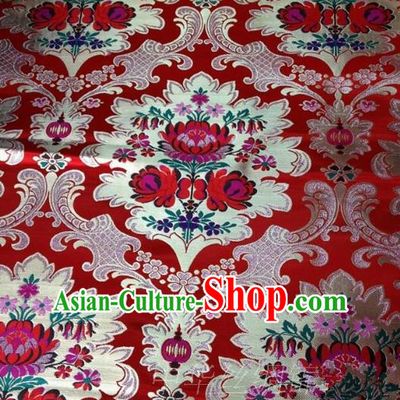 Asian Chinese Traditional Handmade Embroidery Flowers Wedding Satin Silk Fabric, Top Grade Nanjing Brocade Tang Suit Xiuhe Suit Hanfu Red Fabric Cheongsam Cloth Material