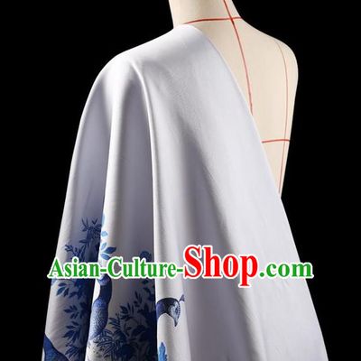 Asian Chinese Traditional Handmade Jacquard Weave Printing Peacock Silk Fabric, Top Grade Nanjing Brocade Tang Suit Hanfu White Fabric Cheongsam Cloth Material