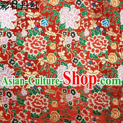 Asian Chinese Traditional Handmade Embroidery Peony Satin Silk Fabric, Top Grade Nanjing Brocade Tang Suit Hanfu Red Fabric Cheongsam Cloth Material