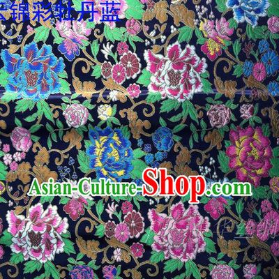 Asian Chinese Traditional Handmade Embroidery Peony Satin Silk Fabric, Top Grade Nanjing Brocade Tang Suit Hanfu Navy Fabric Cheongsam Cloth Material