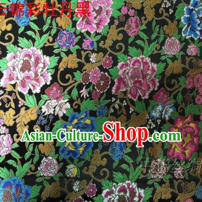 Asian Chinese Traditional Handmade Embroidery Peony Satin Silk Fabric, Top Grade Nanjing Brocade Tang Suit Hanfu Black Fabric Cheongsam Cloth Material