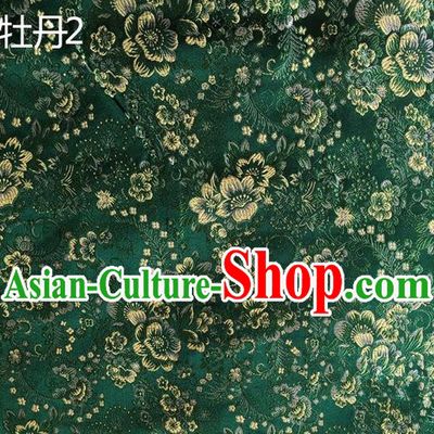 Asian Chinese Traditional Handmade Embroidery Peony Flowers Satin Silk Fabric, Top Grade Nanjing Brocade Tang Suit Hanfu Green Fabric Cheongsam Cloth Material