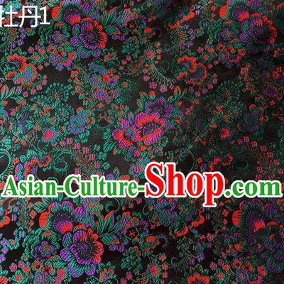 Asian Chinese Traditional Handmade Embroidery Peony Flowers Satin Silk Fabric, Top Grade Nanjing Brocade Tang Suit Hanfu Navy Fabric Cheongsam Cloth Material