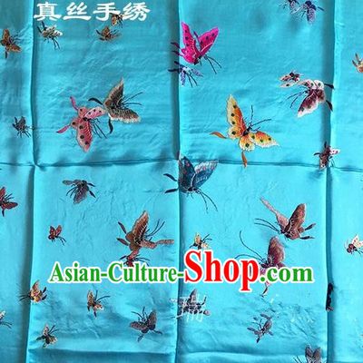 Asian Chinese Traditional Handmade Suzhou Embroidery Butterfly Dancing Satin Silk Fabric, Top Grade Quilt Cover Brocade Blue Fabric Cloth Material
