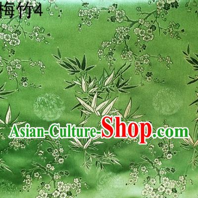 Asian Chinese Traditional Handmade Embroidery Plum and Bamboo Silk Fabric, Top Grade Nanjing Brocade Tang Suit Hanfu Green Fabric Cheongsam Cloth Material