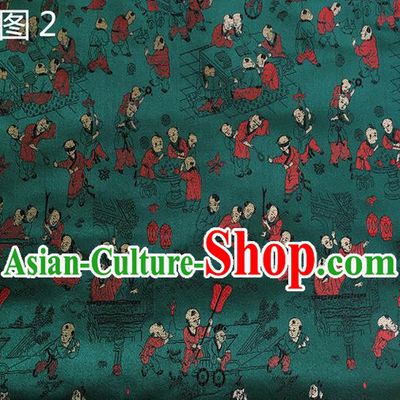Asian Chinese Traditional Handmade Suzhou Embroidery Hundred Sons Diagram Satin Silk Fabric, Top Grade Hanfu Brocade Tang Suit Fabric Cheongsam Green Cloth Material