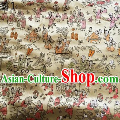 Asian Chinese Traditional Handmade Suzhou Embroidery Hundred Sons Diagram Satin Silk Fabric, Top Grade Hanfu Brocade Tang Suit Fabric Cheongsam Golden Cloth Material