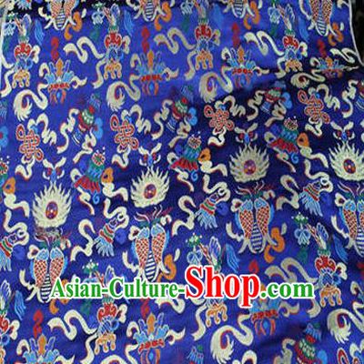 Asian Chinese Traditional Handmade Embroidery Chinese Knot Satin Silk Fabric, Top Grade Nanjing Brocade Tang Suit Hanfu Fabric Cheongsam Blue Cloth Material