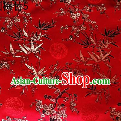 Asian Chinese Traditional Handmade Embroidery Plum and Bamboo Silk Fabric, Top Grade Nanjing Brocade Tang Suit Hanfu Red Fabric Cheongsam Cloth Material