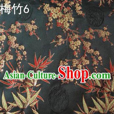 Asian Chinese Traditional Handmade Embroidery Plum and Bamboo Silk Fabric, Top Grade Nanjing Brocade Tang Suit Hanfu Black Fabric Cheongsam Cloth Material