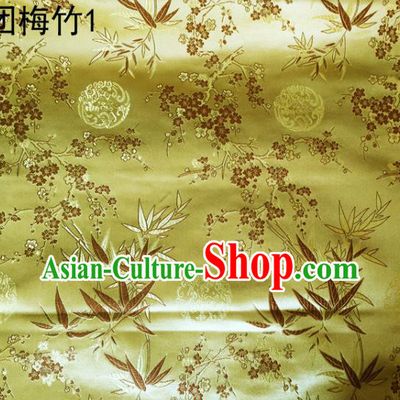 Asian Chinese Traditional Handmade Embroidery Plum and Bamboo Silk Fabric, Top Grade Nanjing Brocade Tang Suit Hanfu Golden Fabric Cheongsam Cloth Material