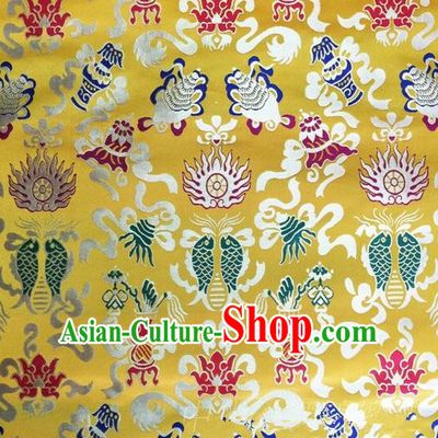 Asian Chinese Traditional Handmade Embroidery Chinese Knot Satin Silk Fabric, Top Grade Nanjing Brocade Tang Suit Hanfu Fabric Cheongsam Golden Cloth Material