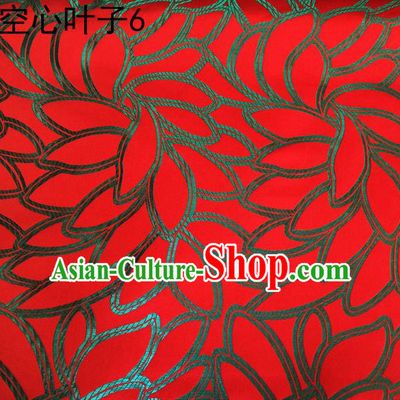 Asian Chinese Traditional Handmade Embroidery Leaf Pattern Satin Wedding Silk Fabric, Top Grade Nanjing Brocade Tang Suit Hanfu Fabric Cheongsam Red Cloth Material