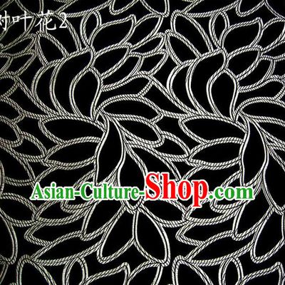 Asian Chinese Traditional Handmade Embroidery White Leaf Pattern Satin Wedding Silk Fabric, Top Grade Nanjing Brocade Tang Suit Hanfu Fabric Cheongsam Black Cloth Material
