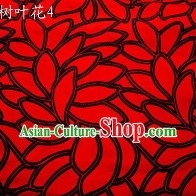Asian Chinese Traditional Handmade Embroidery Black Leaf Pattern Satin Wedding Silk Fabric, Top Grade Nanjing Brocade Tang Suit Hanfu Fabric Cheongsam Red Cloth Material
