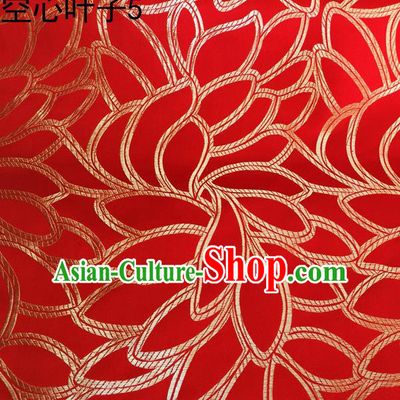 Asian Chinese Traditional Handmade Embroidery Golden Leaf Pattern Satin Wedding Silk Fabric, Top Grade Nanjing Brocade Tang Suit Hanfu Fabric Cheongsam Red Cloth Material