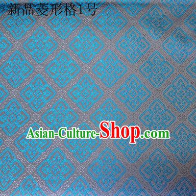 Asian Chinese Traditional Handmade Embroidery Rhombus Pattern Satin Silk Fabric, Top Grade Nanjing Brocade Tang Suit Hanfu Fabric Cheongsam Blue Cloth Material