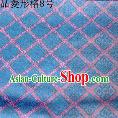 Asian Chinese Traditional Handmade Embroidery Rhombus Pattern Satin Silk Fabric, Top Grade Nanjing Brocade Tang Suit Hanfu Fabric Cheongsam Lake Blue Cloth Material