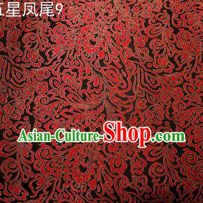 Asian Chinese Traditional Handmade Embroidery Red Five-star Ombre Flowers Satin Silk Fabric, Top Grade Nanjing Brocade Tang Suit Hanfu Fabric Cheongsam Black Cloth Material