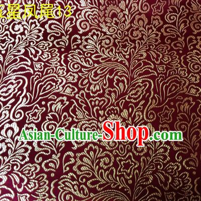 Asian Chinese Traditional Handmade Embroidery Golden Five-star Ombre Flowers Satin Silk Fabric, Top Grade Nanjing Brocade Tang Suit Hanfu Fabric Cheongsam Wine Red Cloth Material