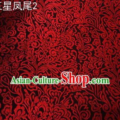 Asian Chinese Traditional Handmade Embroidery Red Five-star Ombre Flowers Satin Black Silk Fabric, Top Grade Nanjing Brocade Tang Suit Hanfu Fabric Cheongsam Cloth Material