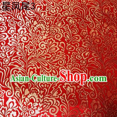Asian Chinese Traditional Handmade Embroidery Golden Five-star Ombre Flowers Satin Red Silk Fabric, Top Grade Nanjing Brocade Tang Suit Hanfu Fabric Cheongsam Cloth Material