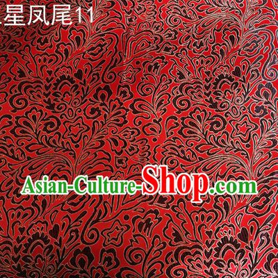 Asian Chinese Traditional Handmade Embroidery Black Five-star Ombre Flowers Satin Red Silk Fabric, Top Grade Nanjing Brocade Tang Suit Hanfu Fabric Cheongsam Cloth Material