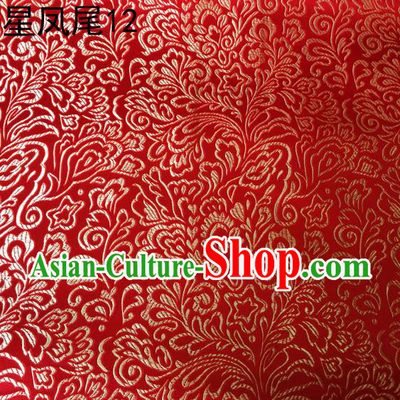 Asian Chinese Traditional Handmade Embroidery Golden Five-star Ombre Flowers Satin Red Silk Fabric, Top Grade Nanjing Brocade Tang Suit Hanfu Fabric Cheongsam Cloth Material