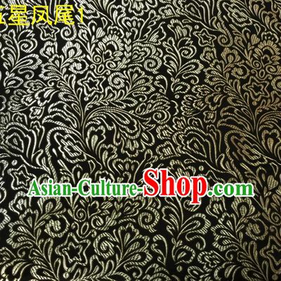Asian Chinese Traditional Handmade Embroidery Golden Five-star Ombre Flowers Satin Black Silk Fabric, Top Grade Nanjing Brocade Tang Suit Hanfu Fabric Cheongsam Cloth Material