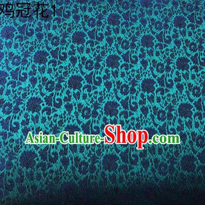 Asian Chinese Traditional Handmade Embroidery Cockscomb Flowers Satin Thangka Peacock Green Silk Fabric, Top Grade Nanjing Brocade Tang Suit Hanfu Fabric Cheongsam Cloth Material