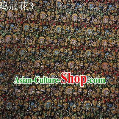 Asian Chinese Traditional Handmade Embroidery Cockscomb Flowers Satin Thangka Black Silk Fabric, Top Grade Nanjing Brocade Tang Suit Hanfu Fabric Cheongsam Cloth Material