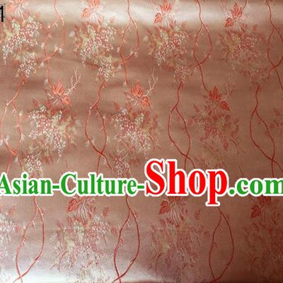 Asian Chinese Traditional Handmade Embroidery Maple Leaf Satin Wedding Silk Fabric, Top Grade Nanjing Brocade Tang Suit Hanfu Fabric Cheongsam Pink Cloth Material